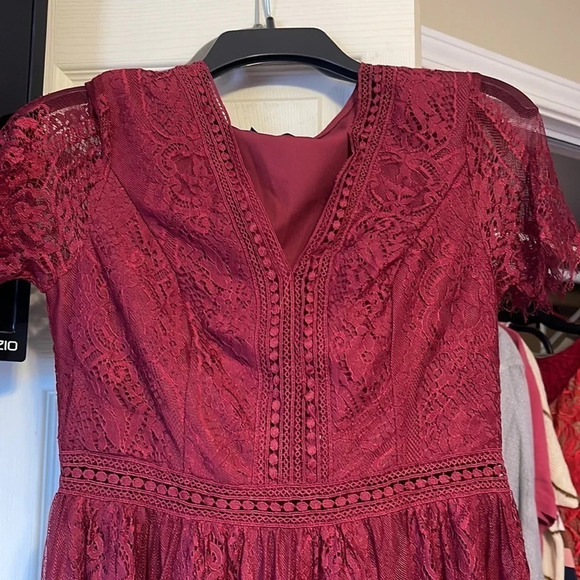 MEROKEETY V Neck Lace Wine ColorWedding Dress Bridesmaid Cocktail Maxi Dress - Picture 7 of 11